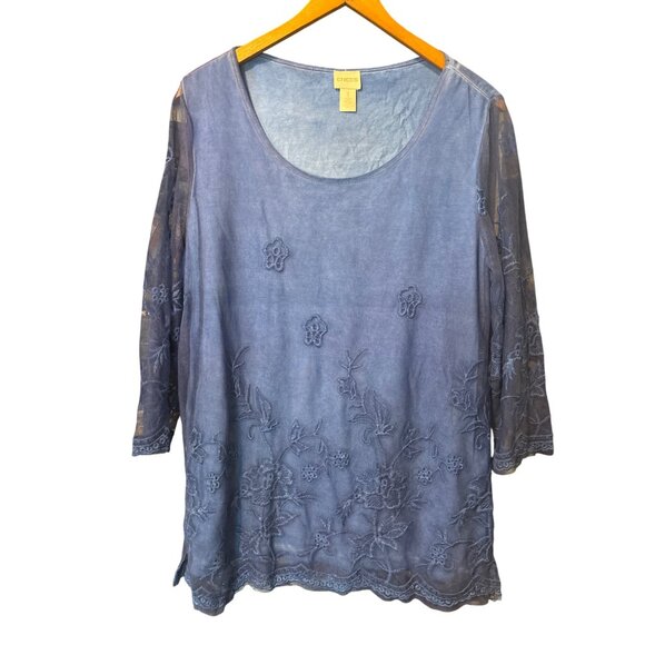 Chico's Size 1 Small 8/10 Blue Embroidered  Layered Long Sleeve Top Shirt - Picture 1 of 7